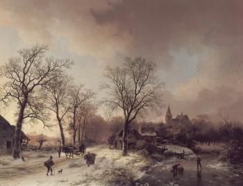 Barend Cornelis Koekkoek : Figures in a Winter Landscape